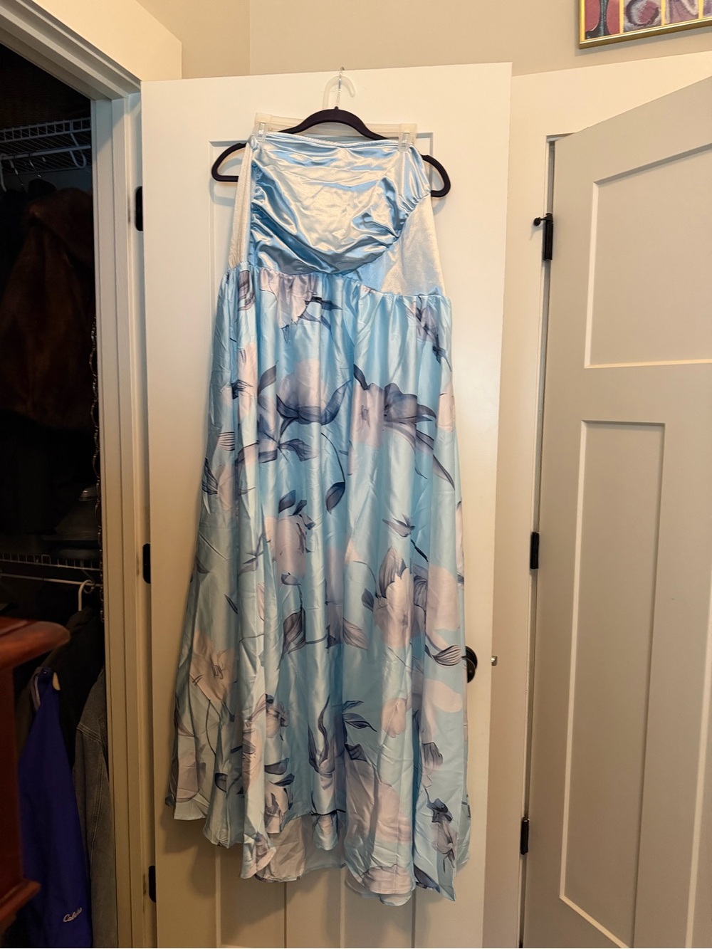 Strapless Floral-Print Satin Evening Dress - Light Blue